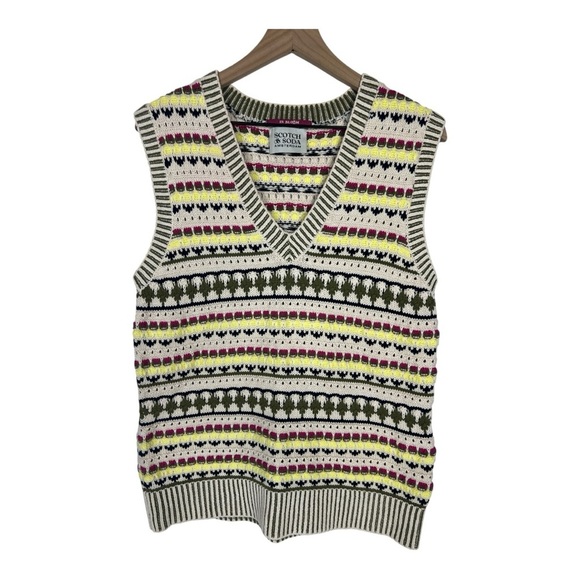 Scotch & Soda Sz L Patterned V Neck Sweater Vest Cream/Olive/Pink Preppy - Picture 1 of 8